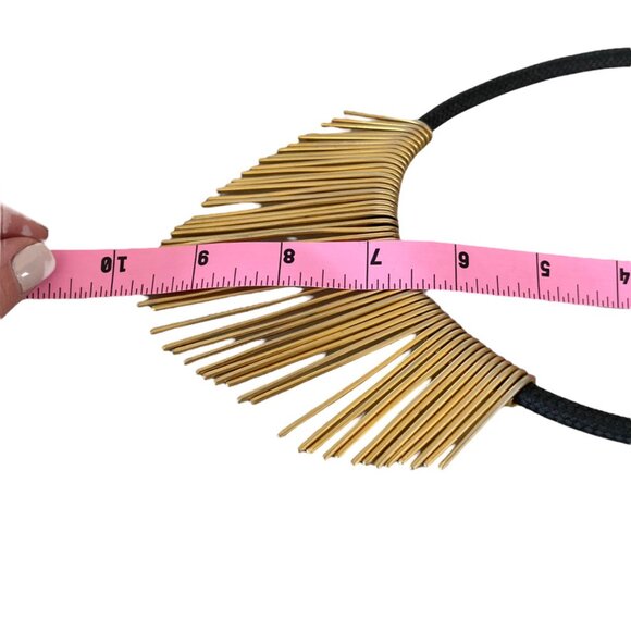 Statement kinetic necklace gold tone with black rope Paddle Fringe - Picture 4 of 5